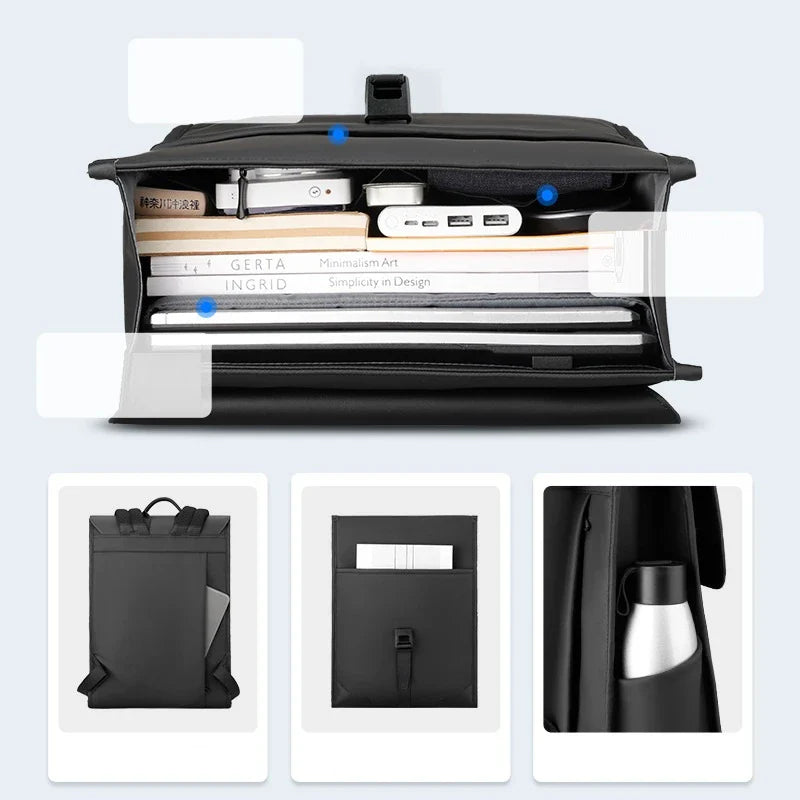 Stylish magnetic buckle laptop backpack for men, featuring a sleek design, spacious interior, and durable PU leather construction.