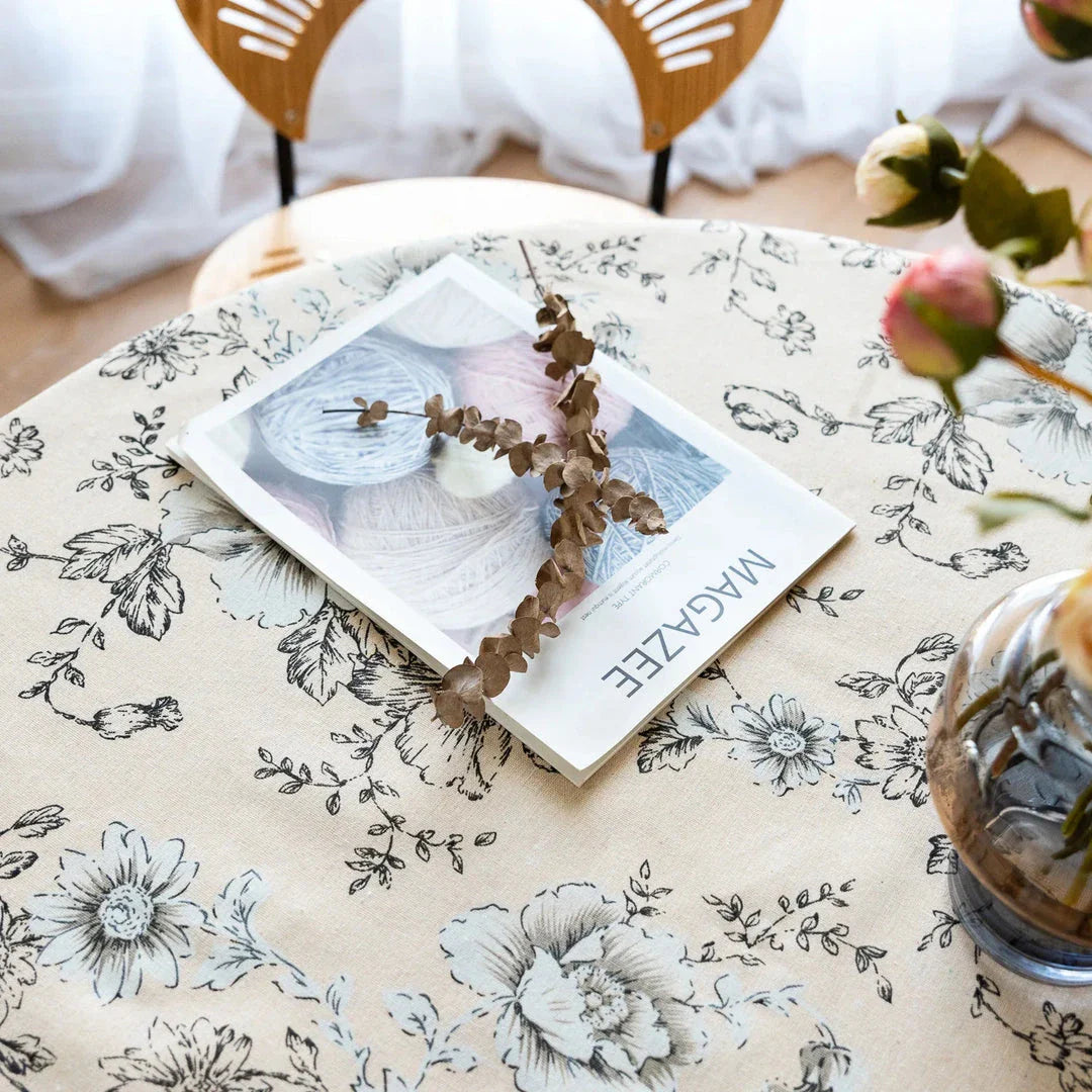 Peony print cotton-linen tablecloth with tassels, suitable for elegant home décor and dining experiences