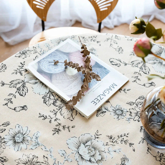 Peony print cotton-linen tablecloth with tassels, suitable for elegant home décor and dining experiences