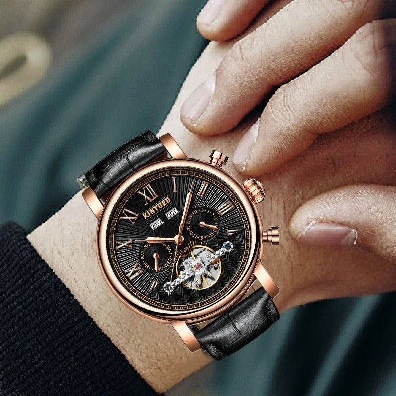 Automatic mechanical watch with genuine leather strap, featuring a stylish hollow-out dial design