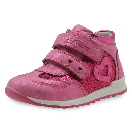 Charming dinosaur-themed girls' shoes in pink, peach, and grey colours with a comfortable and supportive design