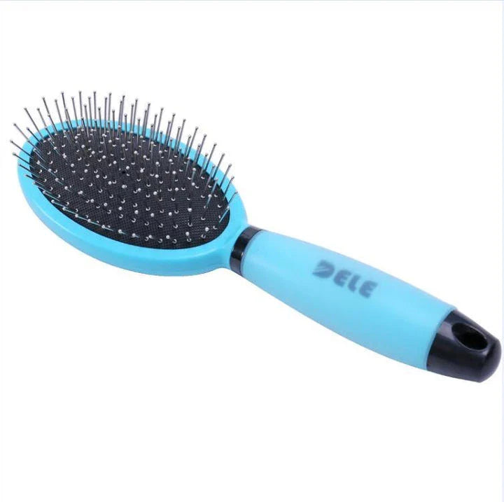 Dual-sided pet grooming and massage brush with soft bristles and metal pins for effective coat care and relaxation