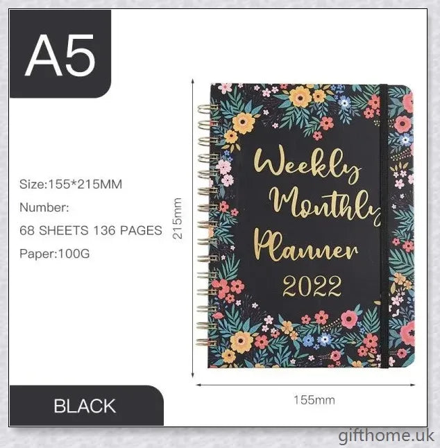 Premium A5 spiral-bound annual calendar notebook with a variety of stylish cover designs including blue art, pink roses, and colourful floral patterns