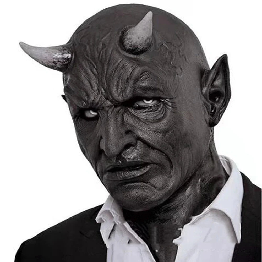 A close-up view of a black latex mask with twisted, menacing horns, creating a fearsome demonic appearance for Halloween costumes and parties.