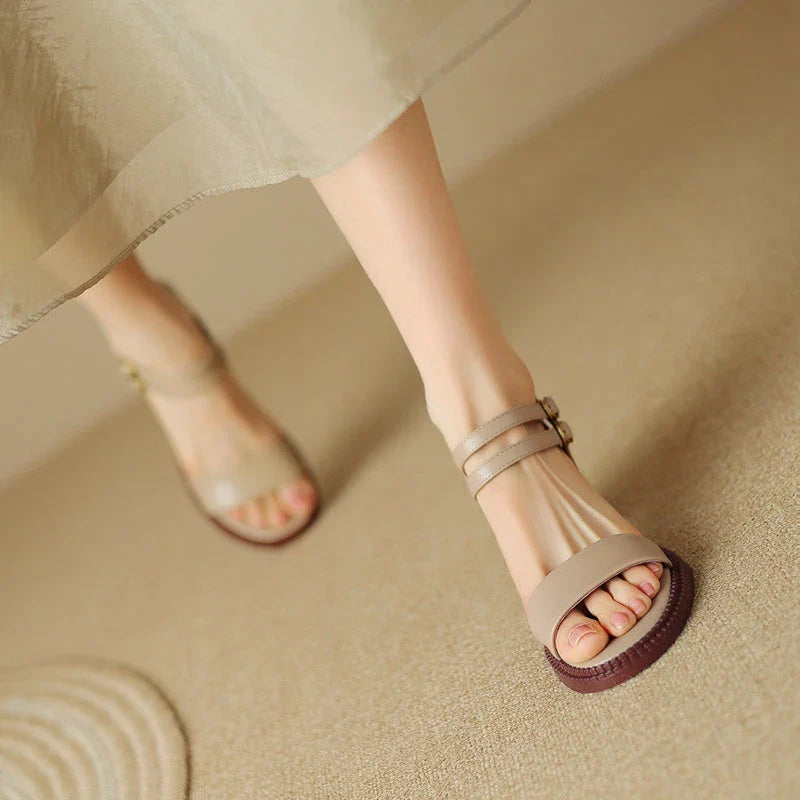 Elegant retro high heel leather sandals in khaki colour, with a sleek design and premium leather construction