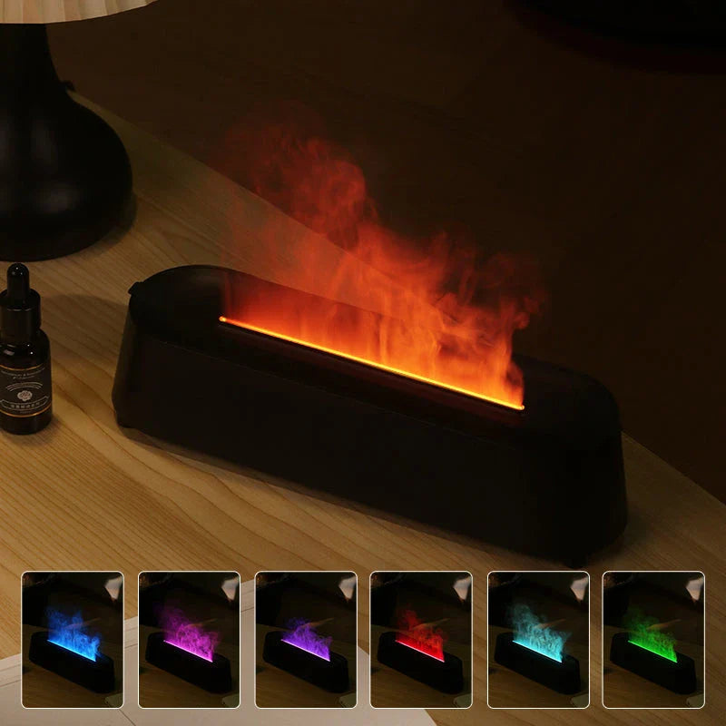 Elegant white flame simulation aromatherapy diffuser with remote control, designed to enhance air quality and create a tranquil ambience in any room.
