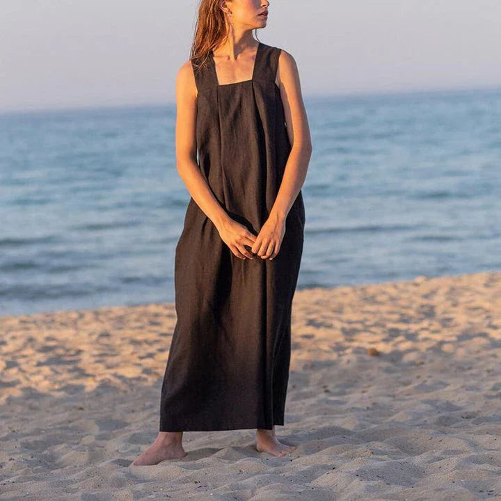 Elegant square neck sleeveless midi sundress in a flowing A-line silhouette, made of breathable cotton-linen blend fabric for comfortable summer style.