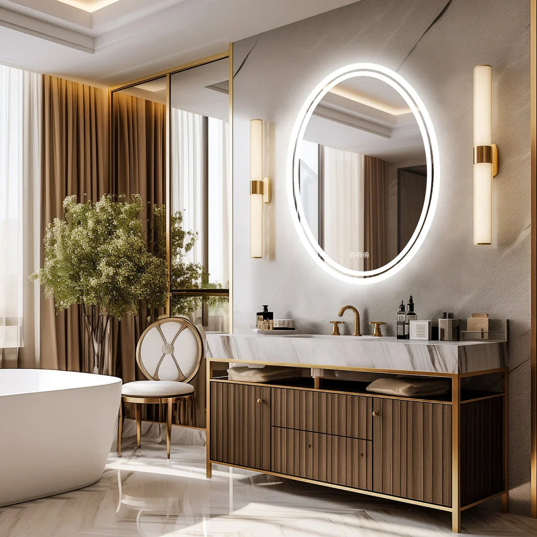 Elegant LED backlit round vanity mirror with adjustable warm, natural white, and bright white lighting settings