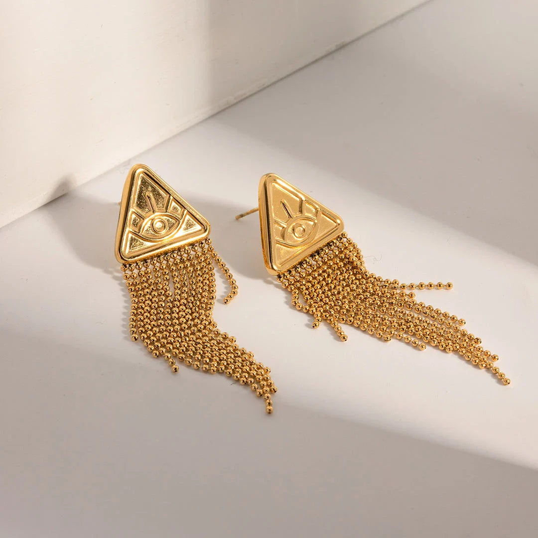Elegant 18K gold-plated stainless steel triangle drop earrings with a captivating Devil's Eye fringe design