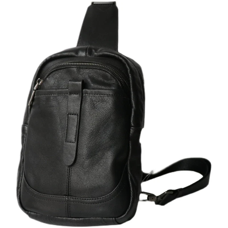 A high-quality leather chest bag in a vertical design, perfect for outdoor activities and adventures.