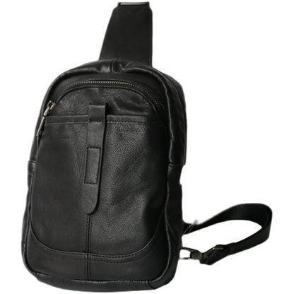 A high-quality leather chest bag in a vertical design, perfect for outdoor activities and adventures.