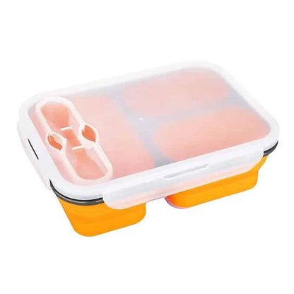 Collapsible silicone lunch box in orange colour, featuring a leakproof design and 1100ml capacity for on-the-go meals.