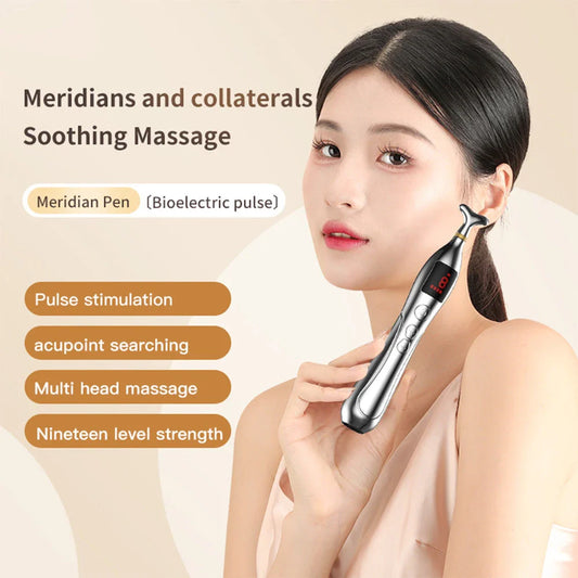 Electronic Acupuncture Massage Pen with 19 adjustable intensity levels and three targeted massage modes for natural pain relief and muscle relaxation