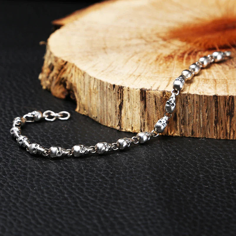 925 Sterling Silver Skull Bracelet with Vintage Thai Design and Adjustable Chain