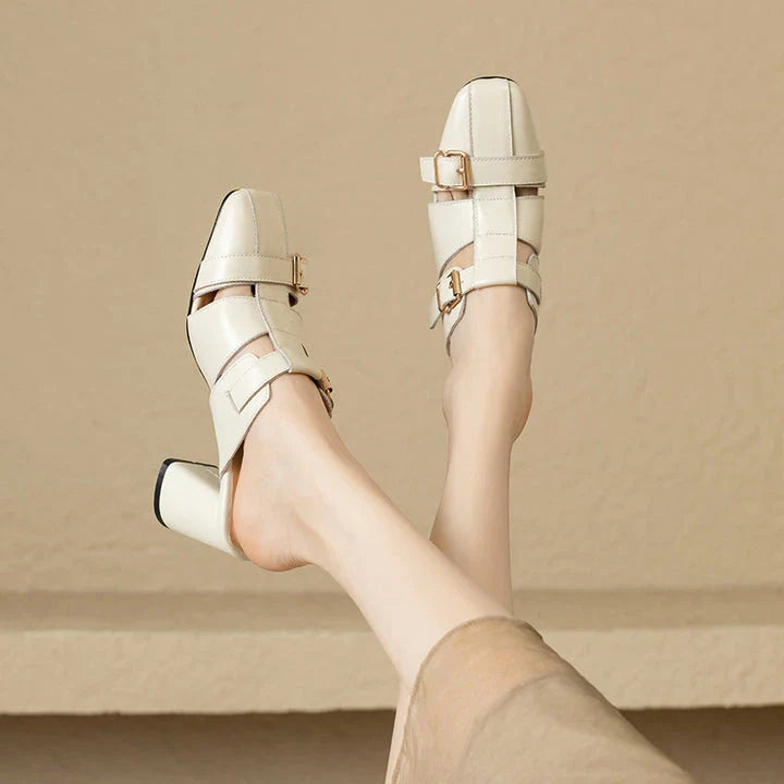 Exquisite embroidered leather high heel slippers in khaki colour, showcasing intricate detailing and a stable square heel design for stylish summer wear