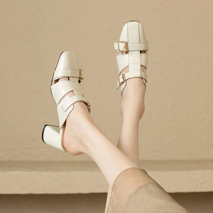 Exquisite embroidered leather high heel slippers in khaki colour, showcasing intricate detailing and a stable square heel design for stylish summer wear