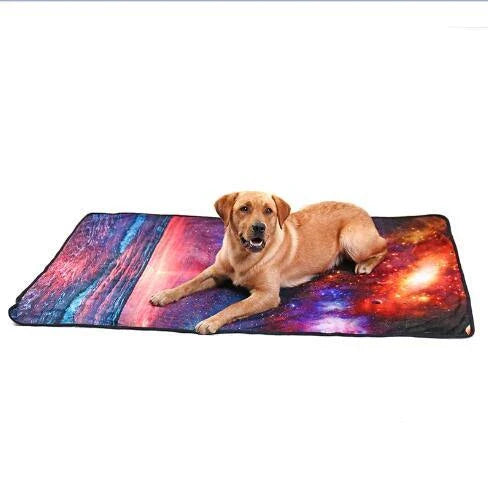Galaxy-themed pet blanket in starry sky and rich dog colours, available in small, medium, and large sizes