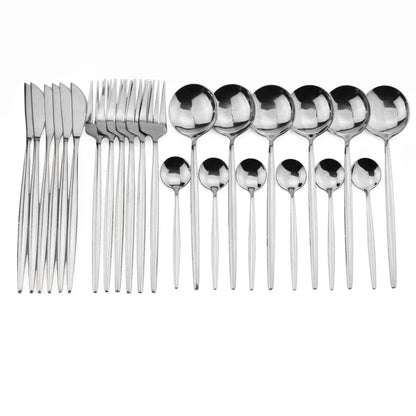 Premium 24-piece stainless steel tableware set with elegant black handles, ideal for formal and casual dining in the United Kingdom