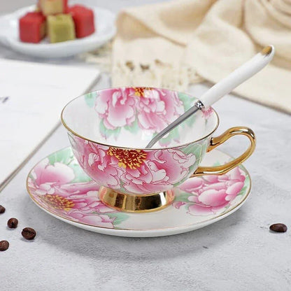 Charming floral porcelain tea set with cup, saucer, and spoon in a variety of delicate colour options