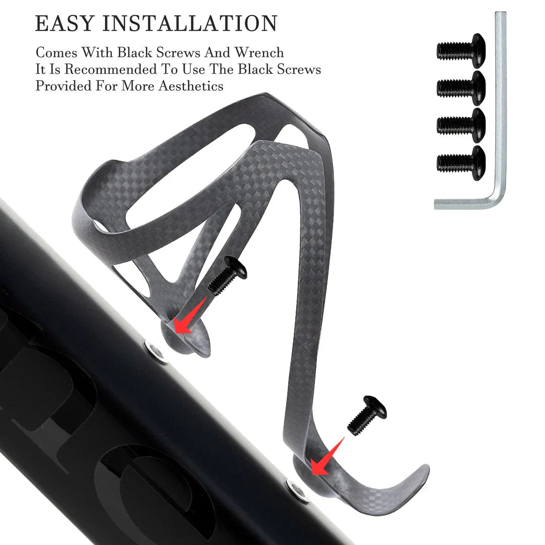 Carbon fibre bicycle water bottle cage with sleek matte black finish and secure design for cycling enthusiasts