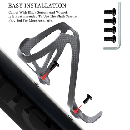 Carbon fibre bicycle water bottle cage with sleek matte black finish and secure design for cycling enthusiasts