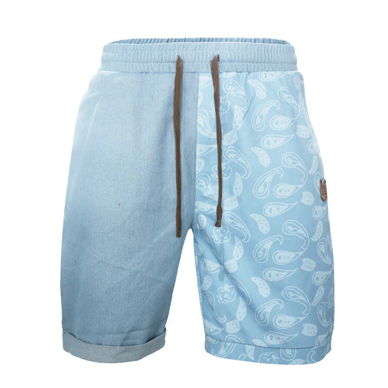 Relaxed-fit sports shorts in light blue and denim blue mosaic patterns, designed for casual everyday wear