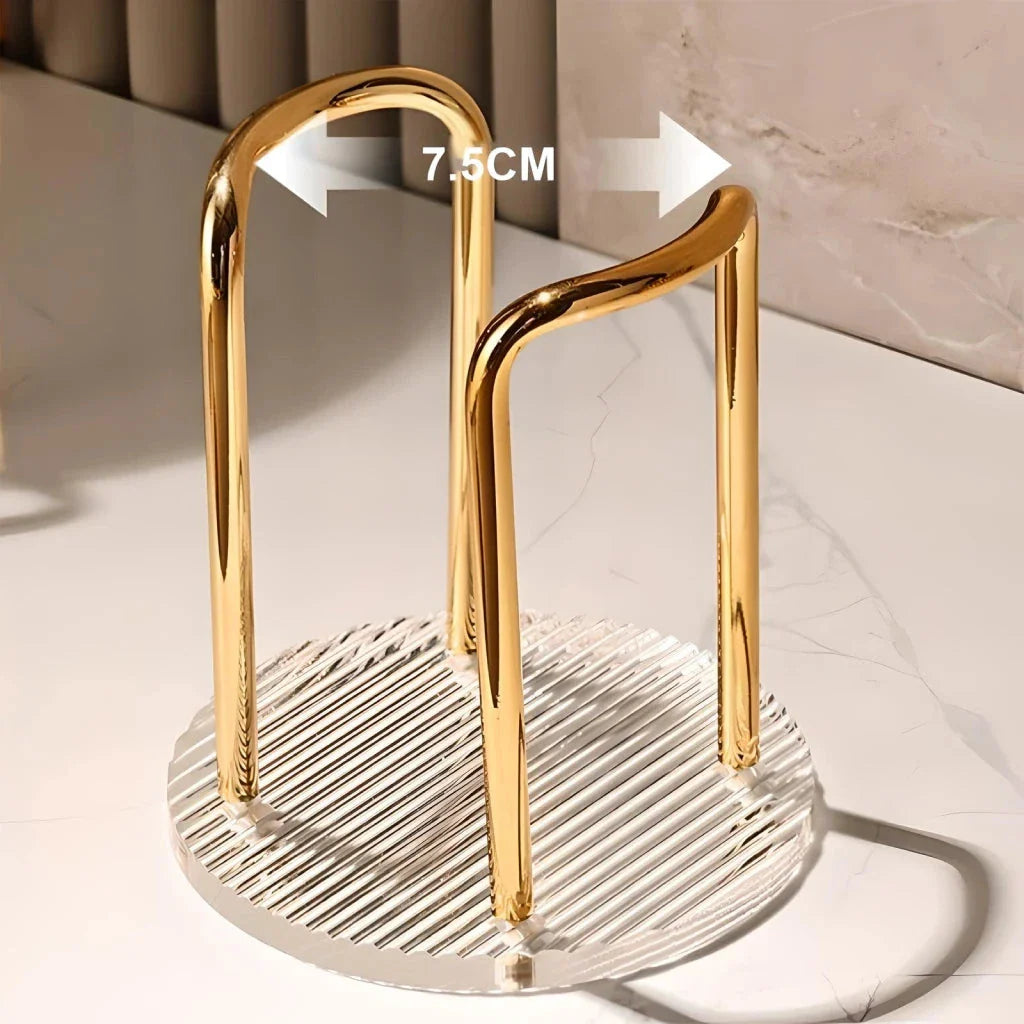 Elegant gold and silver disposable cup organiser with longer stand, designed for easy access and a sophisticated look in homes, offices, and cafes.