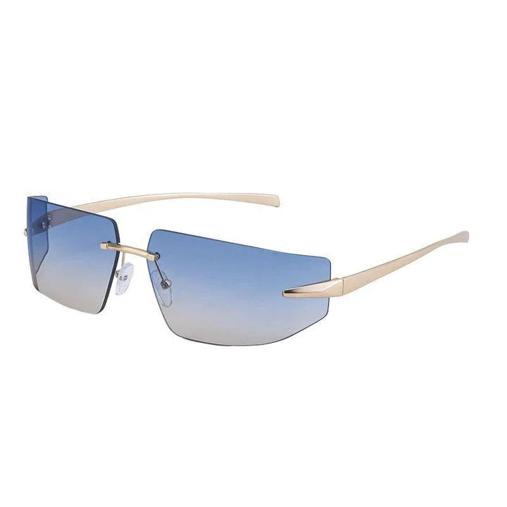 Elegant rimless rectangular sunglasses with a sleek, minimalist design and contemporary silhouette
