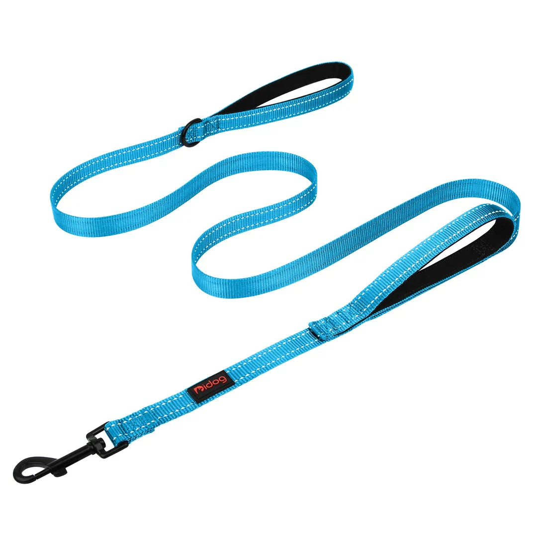 Premium 5ft Dual-Handle Reflective Nylon Dog Leash with durable nylon construction, padded handles, and reflective stitching for enhanced visibility