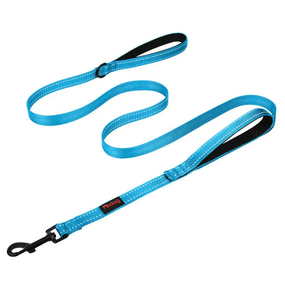 Premium 5ft Dual-Handle Reflective Nylon Dog Leash with durable nylon construction, padded handles, and reflective stitching for enhanced visibility