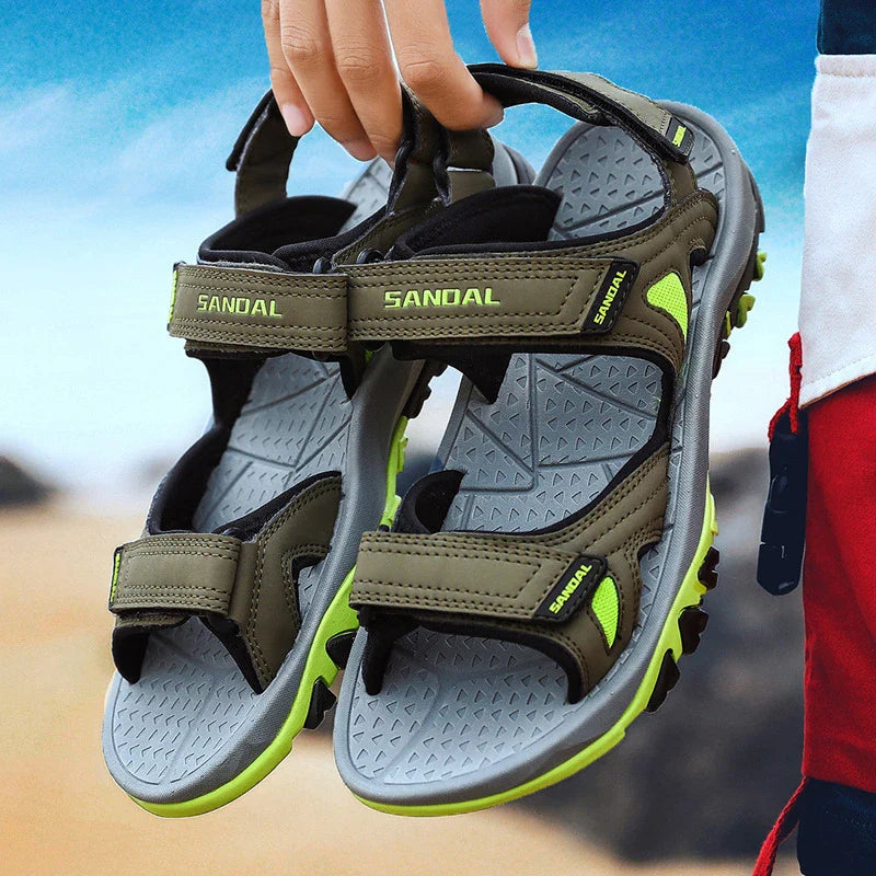 Men's black artificial PU leather and rubber sole beach sandals with open-toe design for outdoor leisure