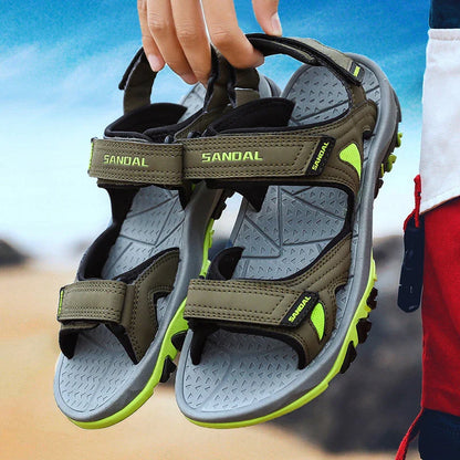 Men's black artificial PU leather and rubber sole beach sandals with open-toe design for outdoor leisure