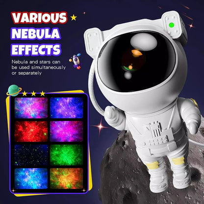 Astronaut-themed star projector lamp with rotating head and customisable features, creating a mesmerising nebula display in any room