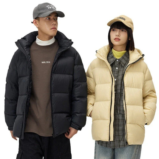 A stylish and warm down jacket with a hooded design, perfect for winter weather.
