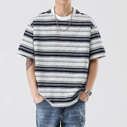 Retro contrast color striped teen t-shirt in navy blue, perfect for casual summer looks