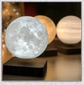 Lunamen Magnetic Levitating Moon Lamp with detailed lunar surface and floating above magnetic base