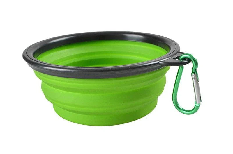 A collapsible pet silicone bowl in black, with a large 350 ml capacity, designed for outdoor adventures with your furry friend.