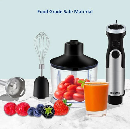 A powerful 1200W 5-in-1 immersion hand blender with stainless steel construction, various attachments, and a sleek design for efficient kitchen use.
