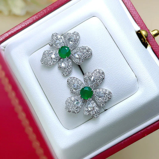 Elegant 925 silver-plated emerald flower earrings with sparkling stones