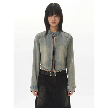Retro Distressed Short Jacket with fur-trimmed sleeves, zipper closure, and chic O-neck design