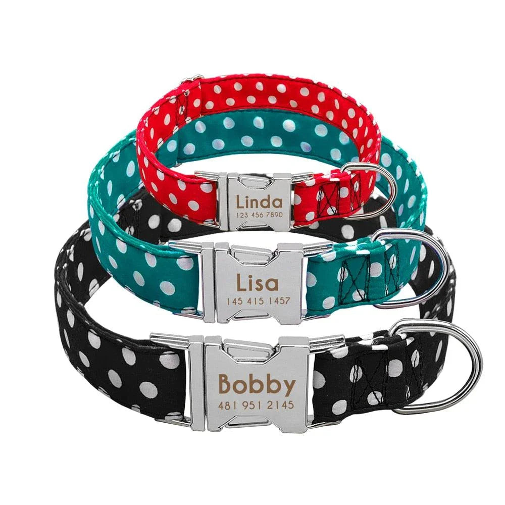 Premium polka dot dog collar made of durable nylon, adjustable for a comfortable fit on dogs of all sizes
