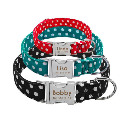 Premium polka dot dog collar made of durable nylon, adjustable for a comfortable fit on dogs of all sizes
