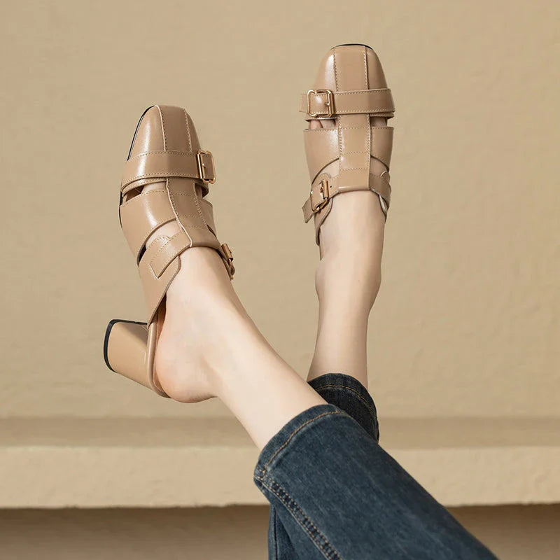 Exquisite embroidered leather high heel slippers in khaki colour, showcasing intricate detailing and a stable square heel design for stylish summer wear