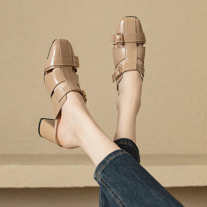 Exquisite embroidered leather high heel slippers in khaki colour, showcasing intricate detailing and a stable square heel design for stylish summer wear