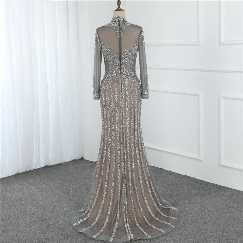 Elegant long sleeve fishtail dress with high waist and Austrian diamond embellishments