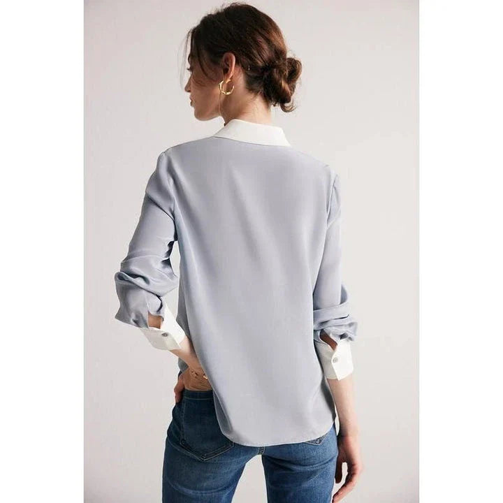 Sophisticated 100% Mulberry silk crepe de chine dress shirt for stylish women in the UK, offering elegance, comfort and versatility.