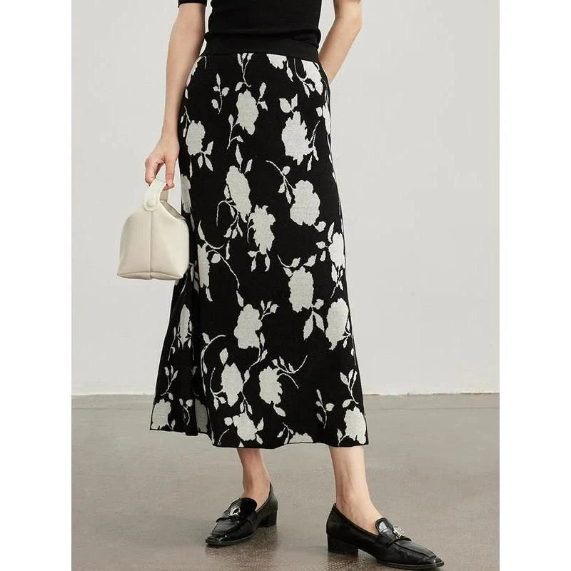 Elegant floral jacquard knit skirt in a mid-calf length with a flattering A-line silhouette