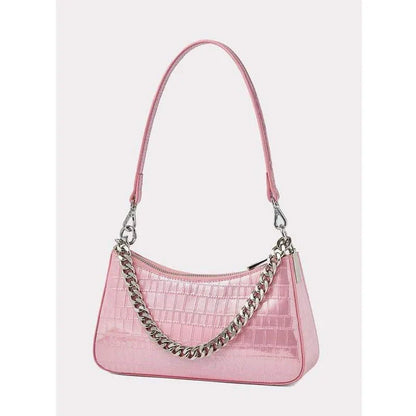 Luxurious alligator-embossed leather shoulder bag with chain accent and stylish lock embellishment