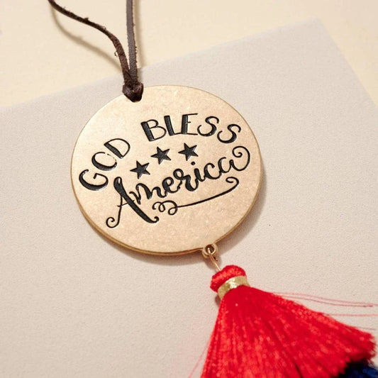 God Bless America Car Charm with Vibrant Red and Blue Tassels, Crafted with Premium Materials for Long-Lasting Use