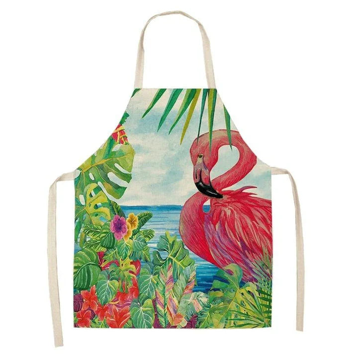 Flamingo Print Apron with Adjustable Neck Strap and Waist Ties, Made of Cotton and Linen Blend